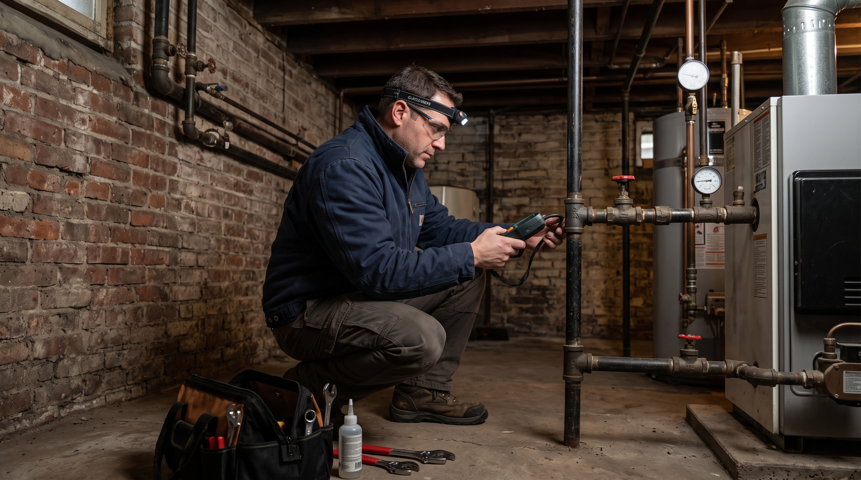 Plumber using a digital meter to test black iron gas piping connections and pressure.