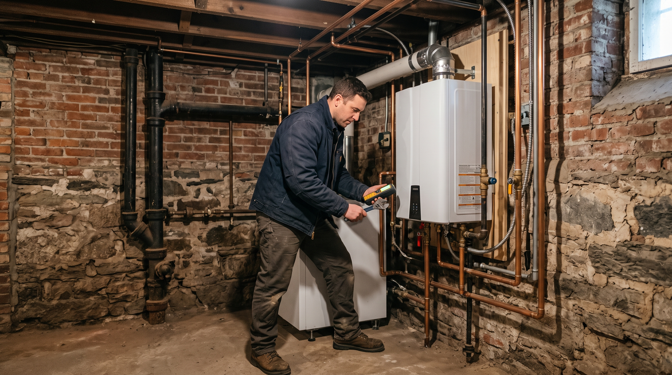 Plumber assessing domestic water lines for potential replacement.