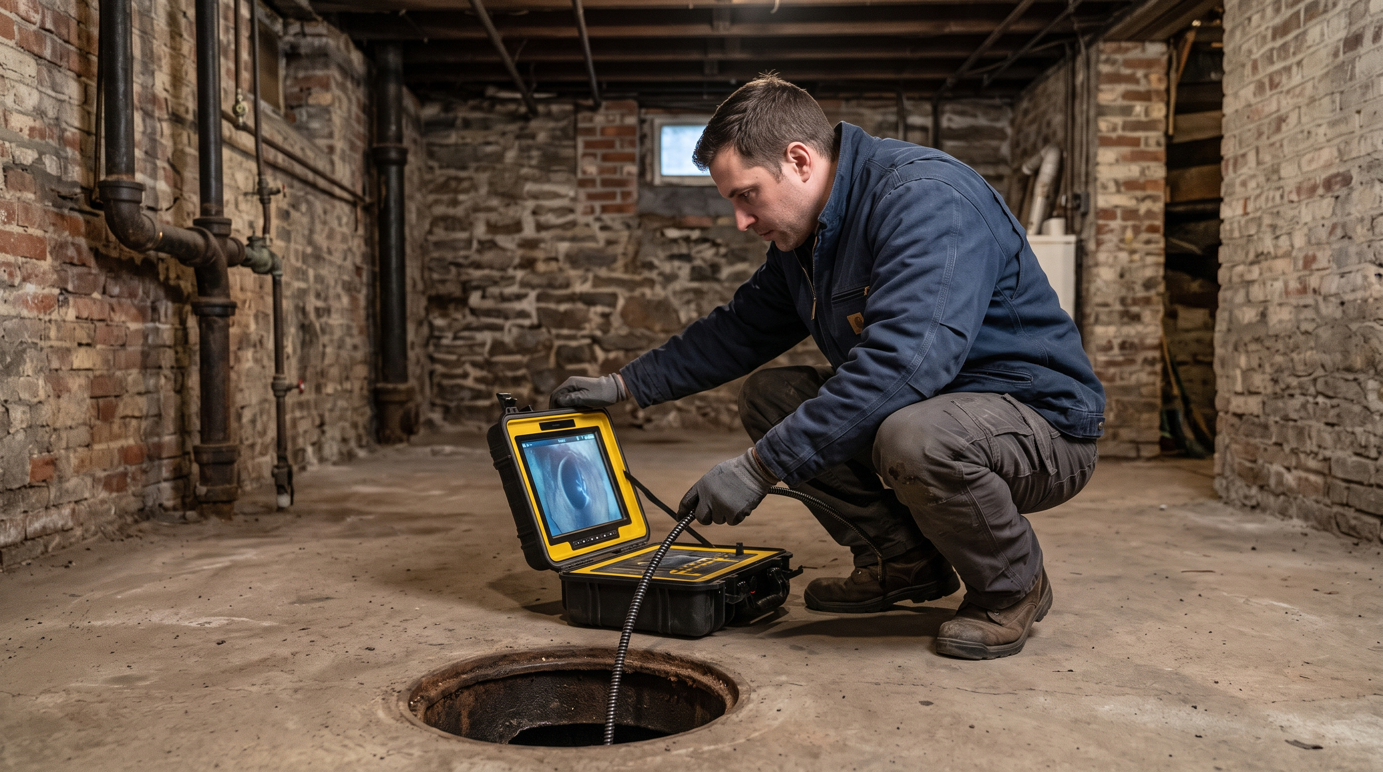 Plumber testing compliance and safety systems in a mechanical basement.