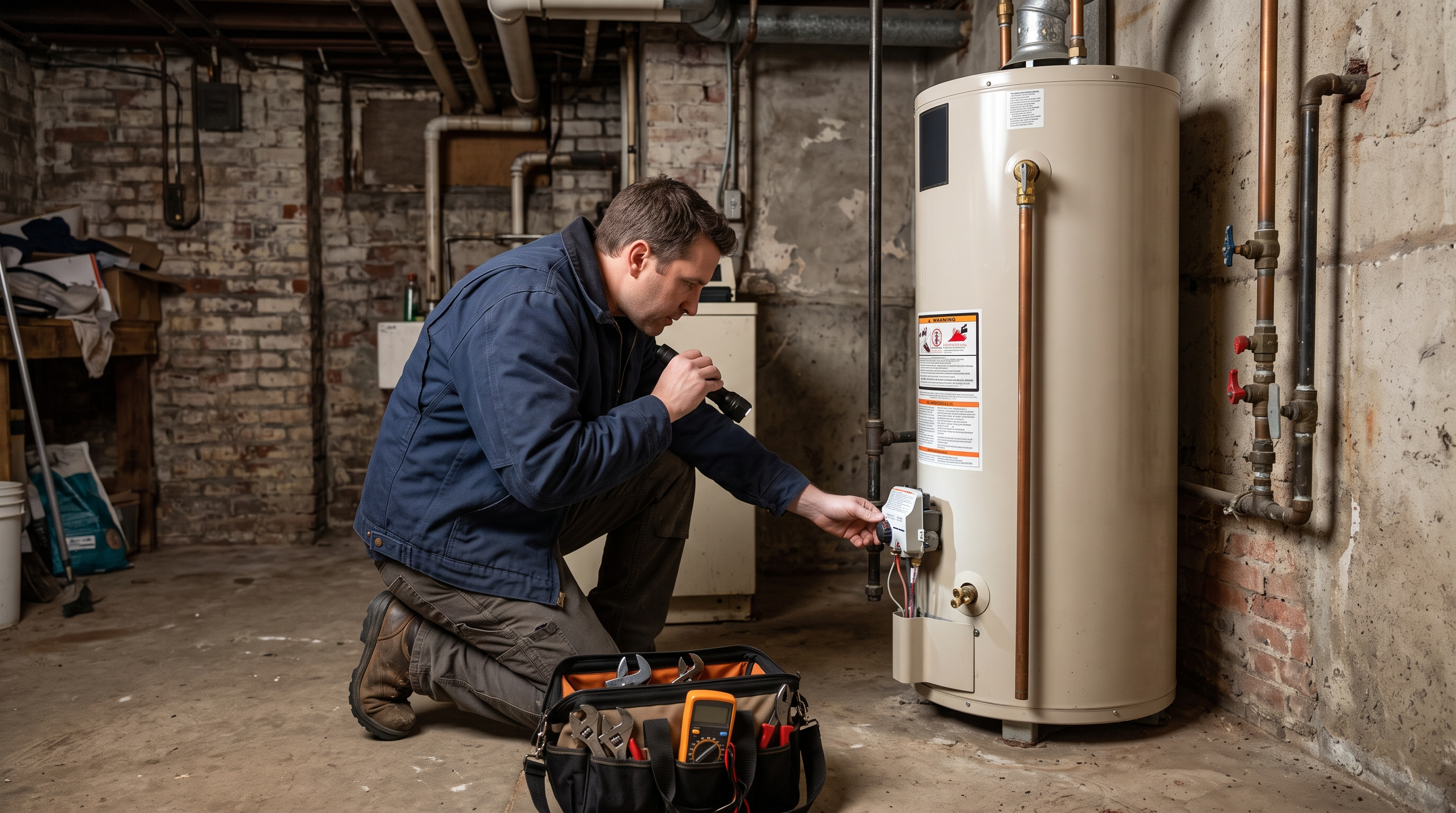Plumbing technician checking the thermostat and burner assembly on a residential gas water heater.